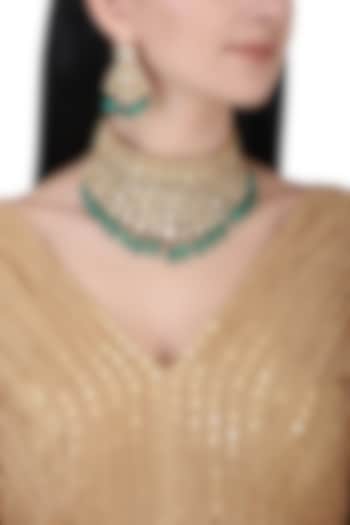 Gold plated kundan and green beads choker necklace set by AURAA TRENDS