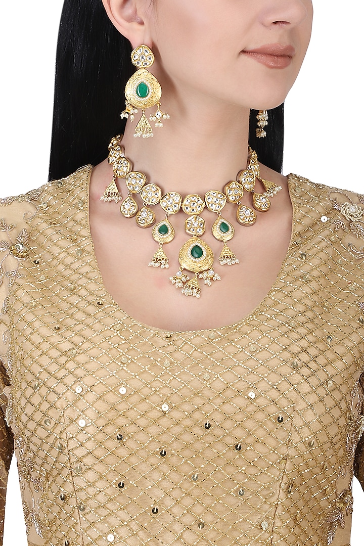 Gold plated kundan, green beads and pearls necklace set available only at Pernia's Pop Up Shop.
