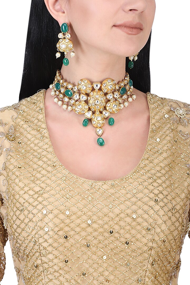 Gold plated kundan and green beads necklace set by AURAA TRENDS