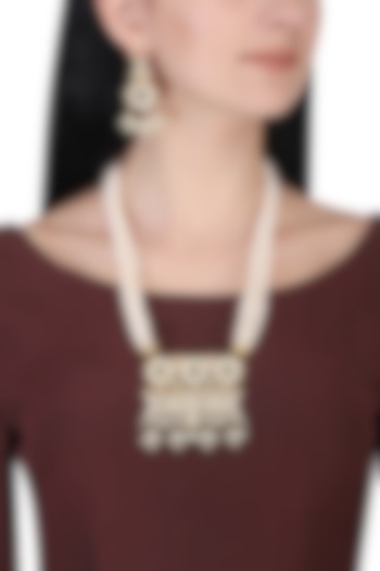 Gold plated kundan, green beads and pearl long floral necklace set by AURAA TRENDS