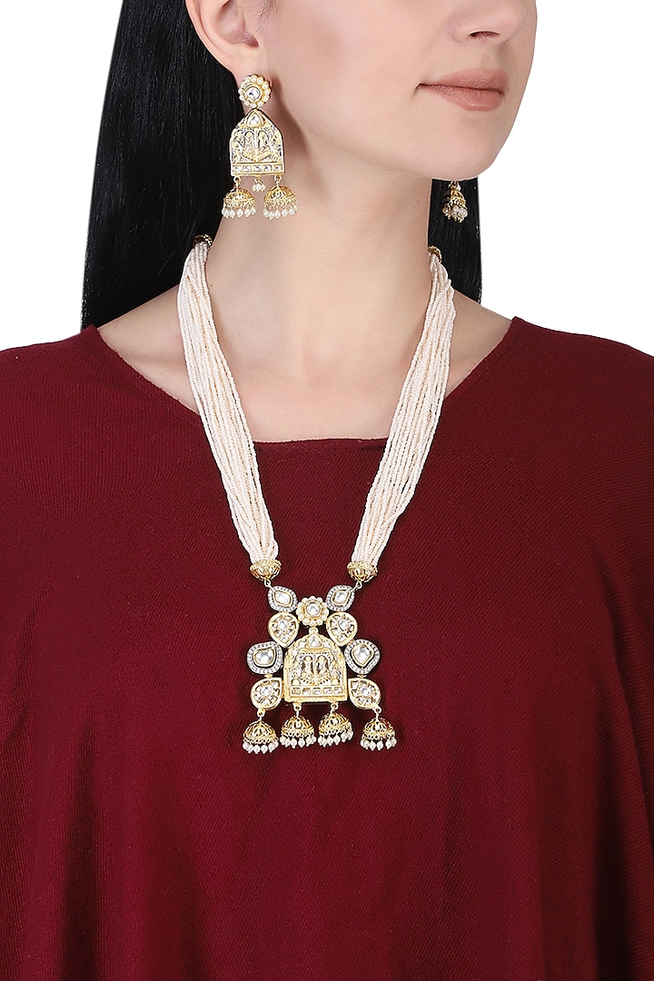 Gold plated kundan and pearl bead long necklace set by AURAA TRENDS