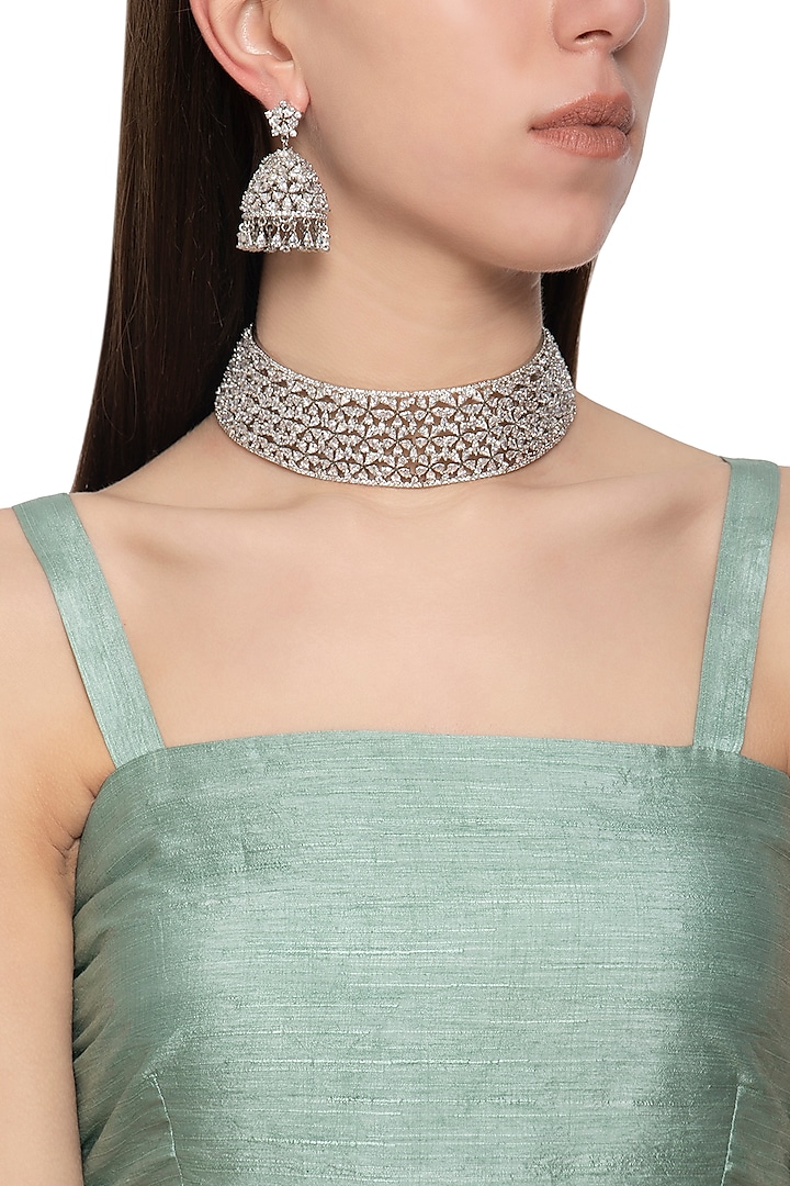 Silver Finish Diamond Choker Necklace Set by Auraa Trends