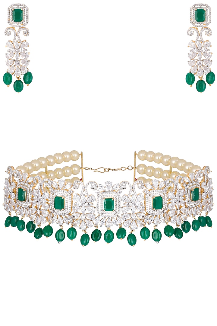 Gold plated diamond and green stone necklace set by Auraa Trends