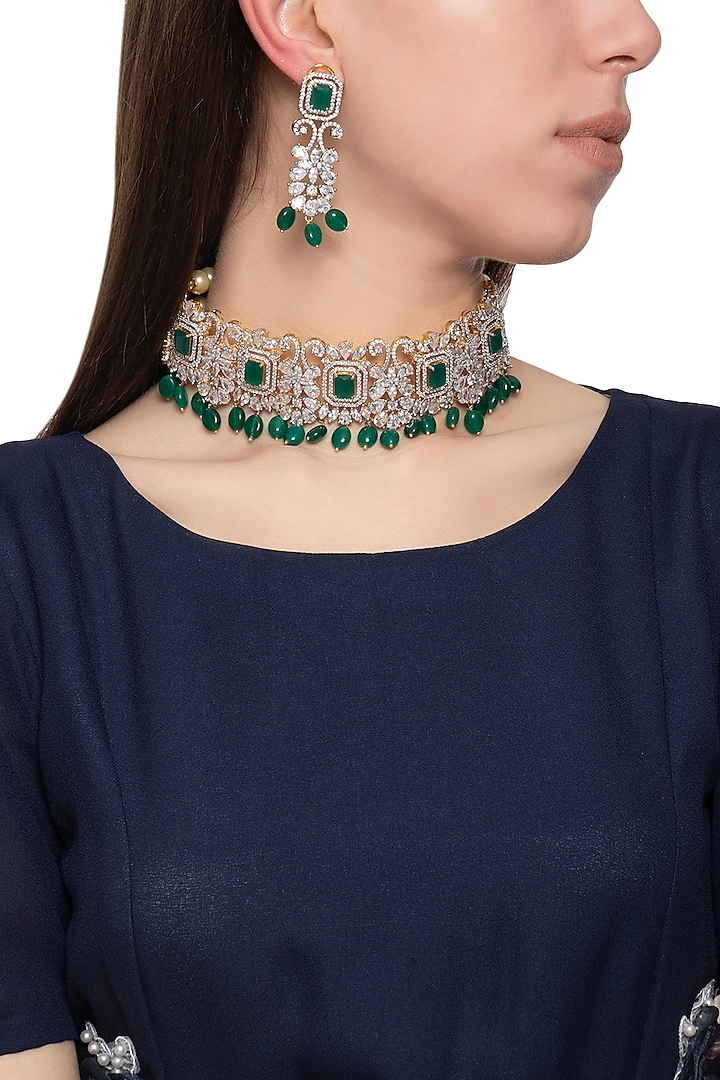 Gold plated diamond and green stone necklace set by Auraa Trends
