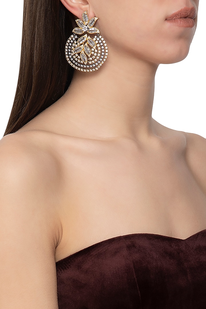 Gold plated diamond leaf dangler earrings by Auraa Trends