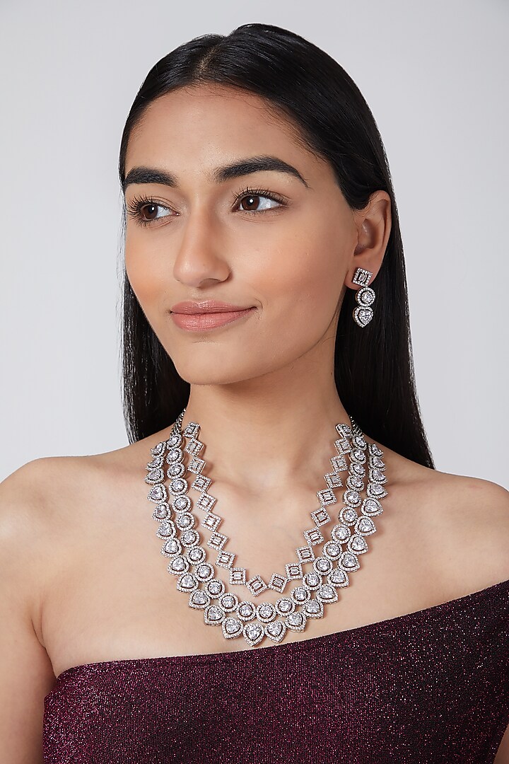 Silver Finish Diamond Studded Necklace Set by Auraa Trends