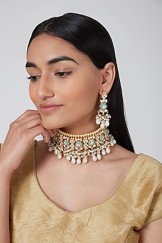 Gold Plated Kundan & Blue Stones Necklace Set by Aura Trends