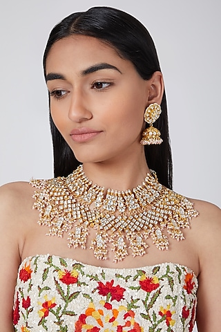 Gold Plated White Stones Kundan Necklace Set by Aura Trends