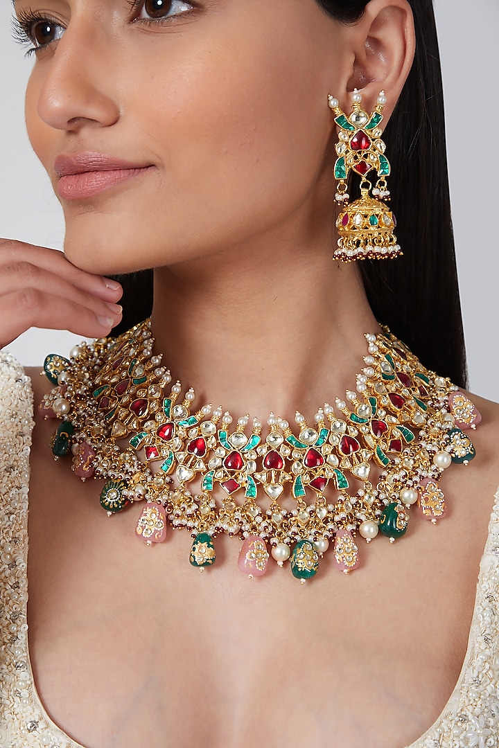 Gold Plated Green & Red Stones Kundan Necklace Set by Auraa Trends