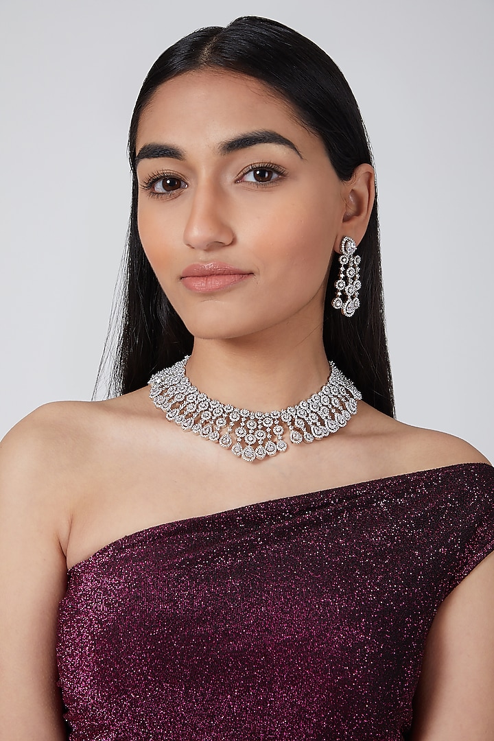 Silver Finish Diamond Necklace Set by Auraa Trends