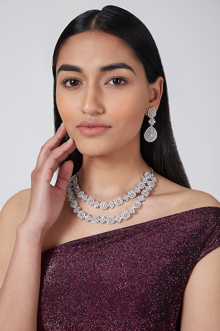 Silver Finish Diamond Necklace Set by Auraa Trends