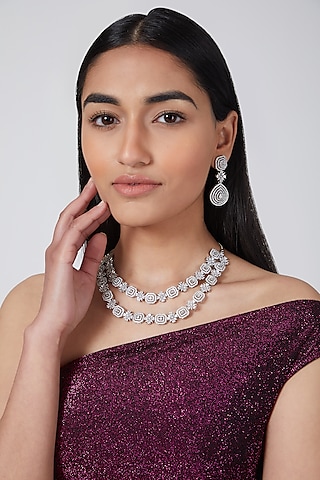 Silver Finish Diamond Necklace Set by Aura Trends
