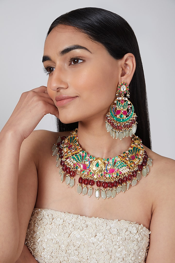 Gold Plated Green & Red Stone Kundan Necklace Set by Auraa Trends