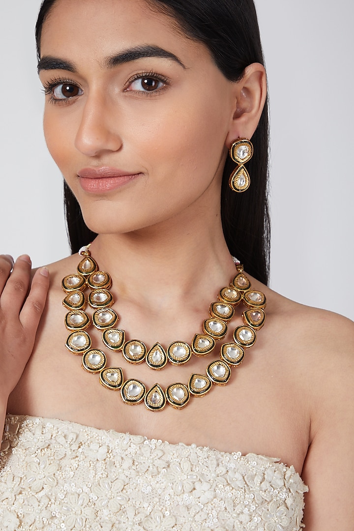 Gold Plated Kundan & Green Stones Necklace Set by Auraa Trends