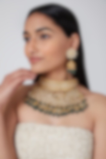 Gold Plated Kundan Green Stones Necklace Set by Auraa Trends at Pernia's Pop Up Shop