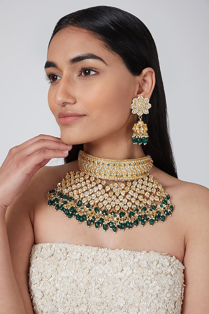 Gold Plated Kundan Green Stones Necklace Set by Auraa Trends at Pernia's Pop Up Shop