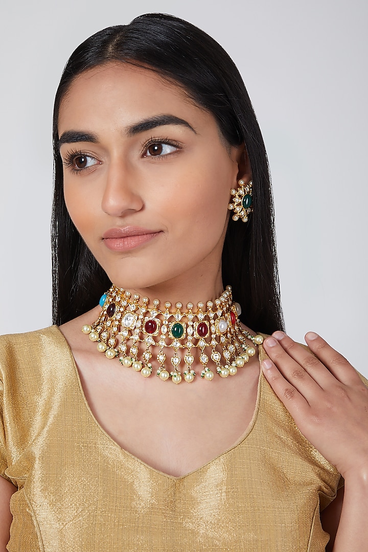 Gold Plated Navratna Necklace Set by Auraa Trends