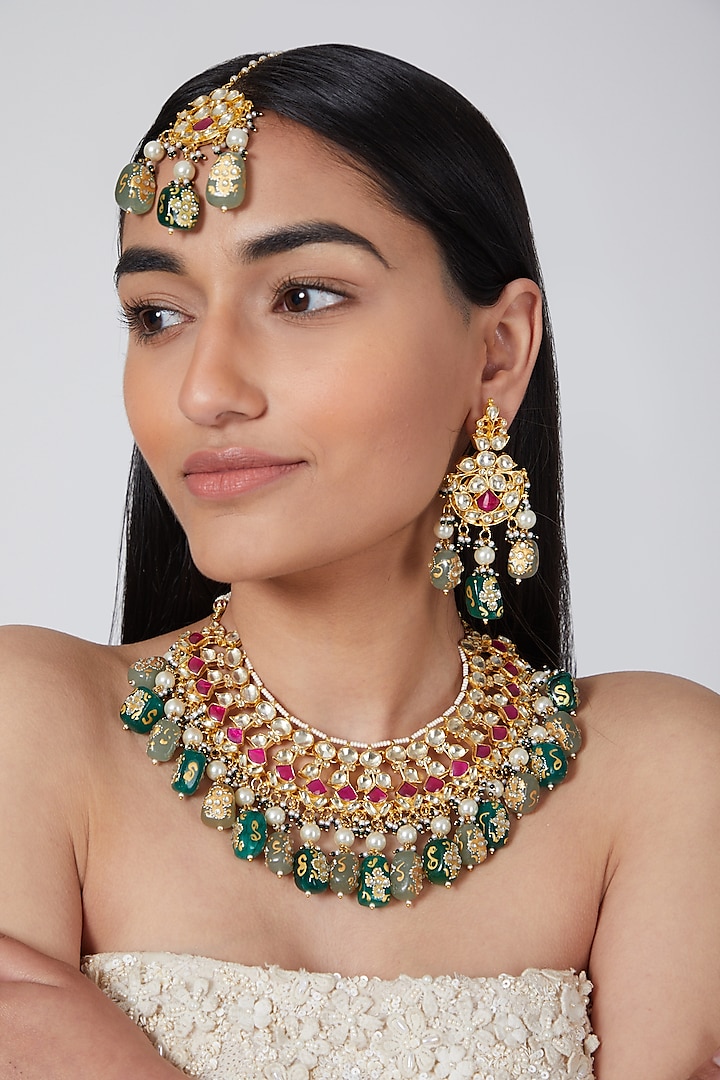 Gold Plated Green & Red Stones Necklace Set by Auraa Trends