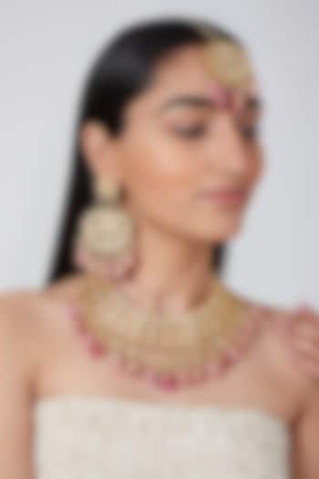 Gold Plated Kundan & Pink Stones Necklace Set by Auraa Trends