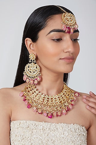 Gold Plated Kundan & Pink Stones Necklace Set by Aura Trends