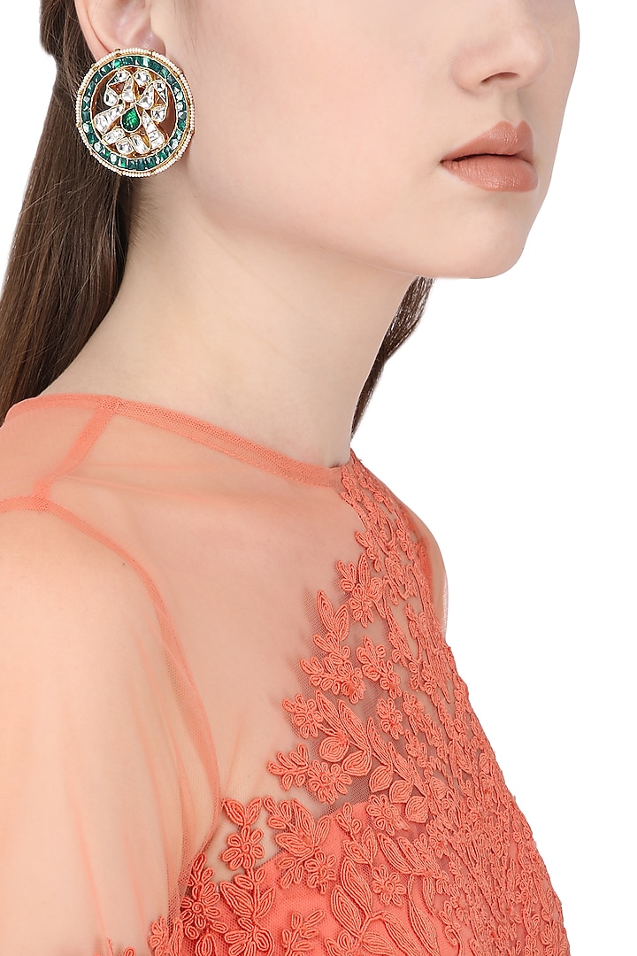 Gold Plated White and Green Kundan Stone Stud Earrings by Auraa Trends