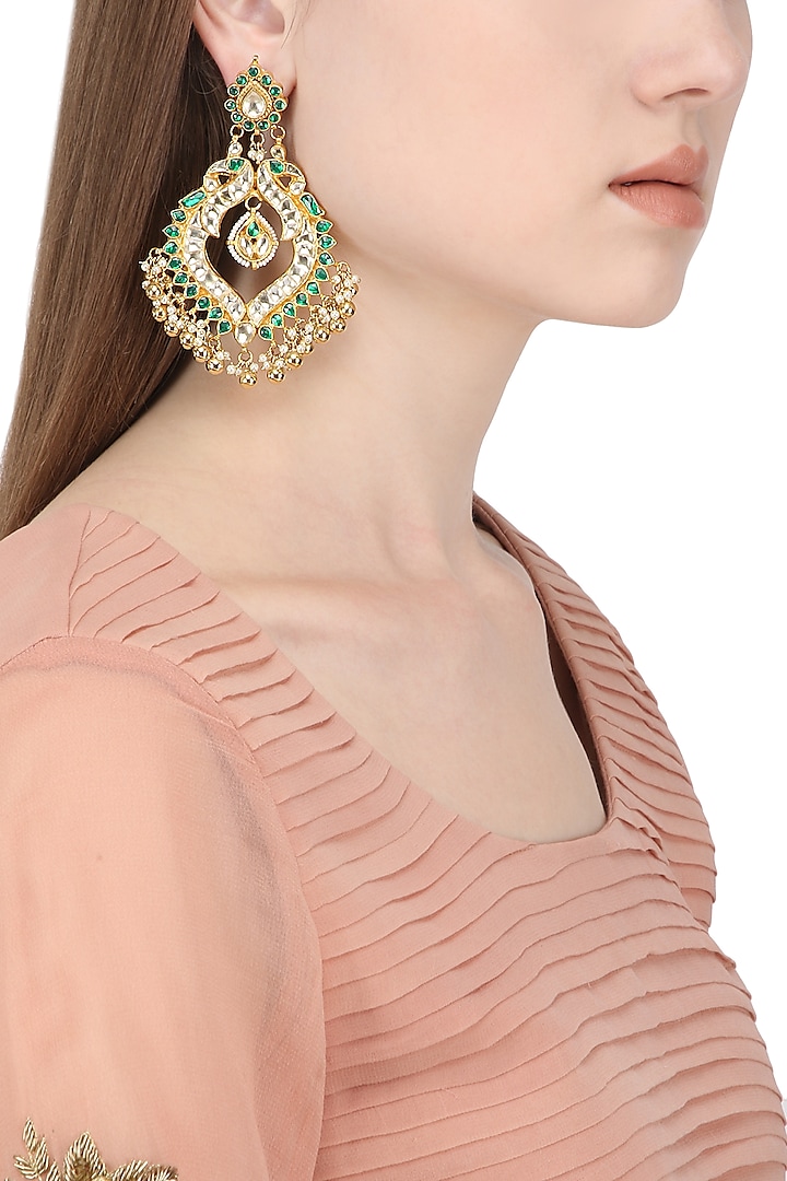 Gold Plated White and Green Kundan Stones and Pearl Earrings by Auraa Trends
