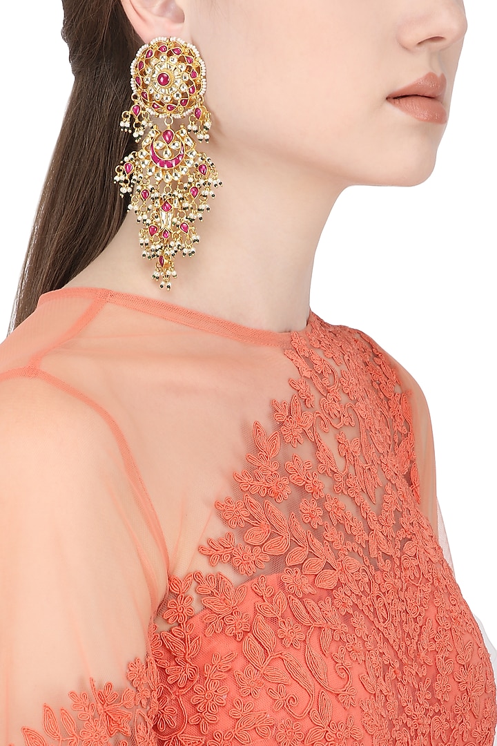 Gold Plated White and Pink Kundan Stones and Pearl Dangler Earrings by Auraa Trends