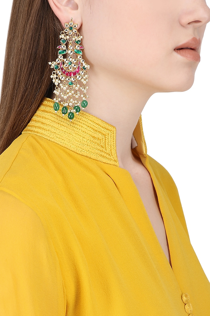 Gold Plated White, Pink and Green Kundan Stones and Pearl Earrings by Auraa Trends