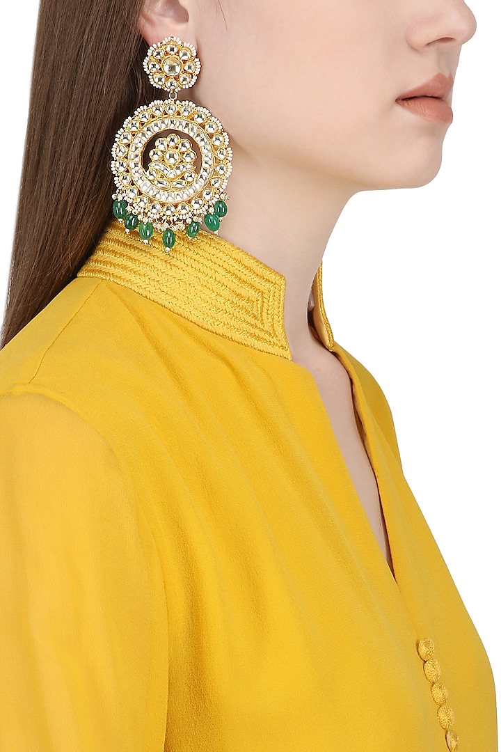 Gold Plated Kundan and Green Stone Drop Earrings by Auraa Trends