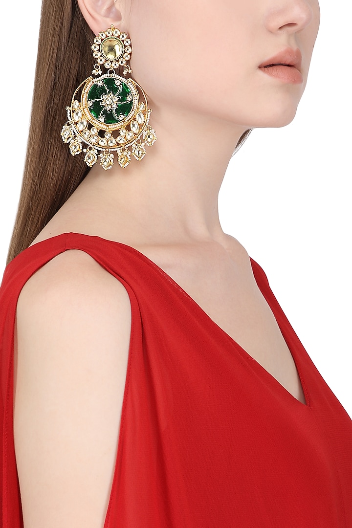 Gold Plated Kundan Stones, Green Enamel and Pearl Earrings by Auraa Trends