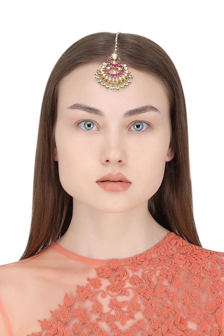 Gold Plated White and Pink Kundan Stones and Pearl Maangtika by Auraa Trends