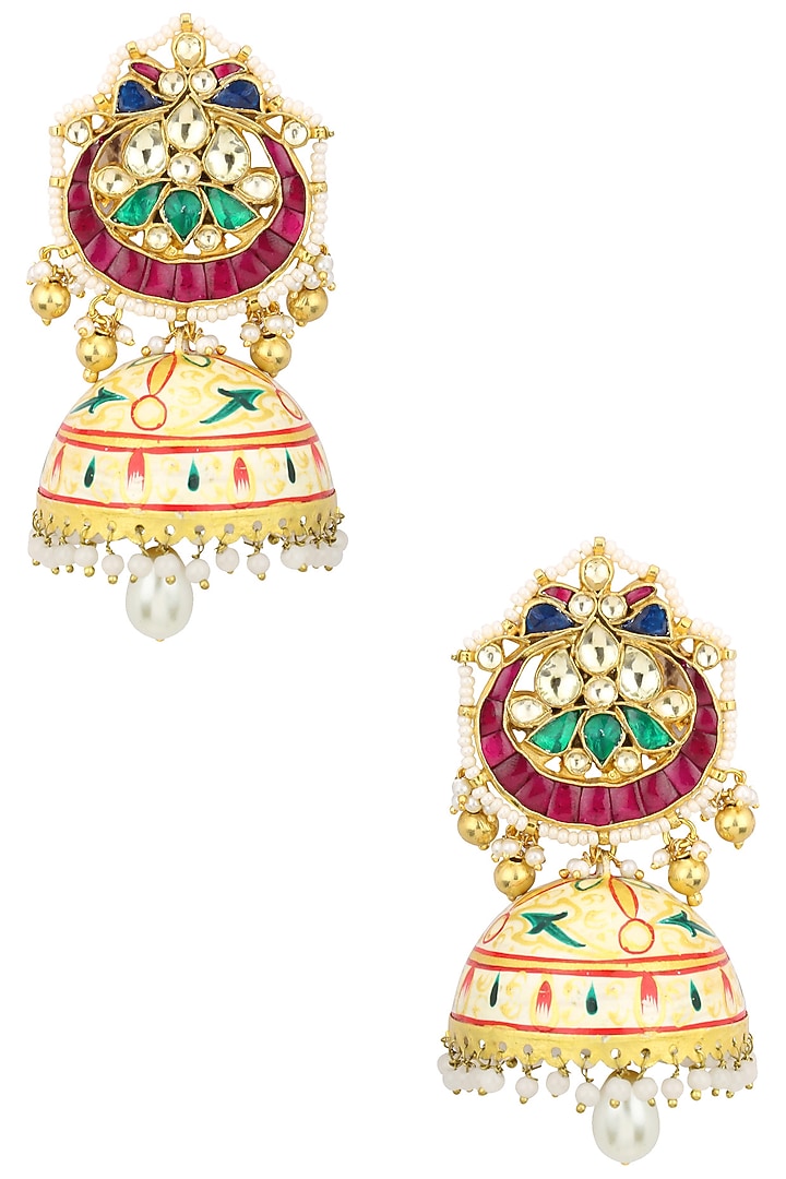 Auraa Trends presents Gold finish kundan studded chandbali earrings available only at Pernia's Pop Up Shop.