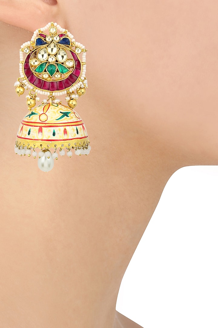 Auraa Trends presents Gold finish kundan studded chandbali earrings available only at Pernia's Pop Up Shop.