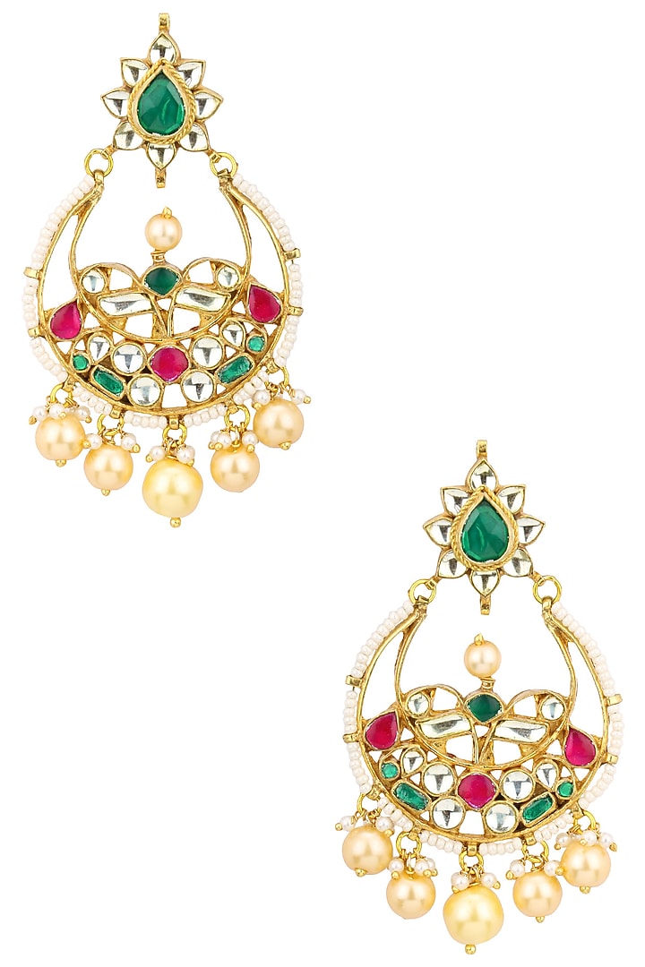 Auraa Trends presents Gold finish kundan and multicolor stones chandbali earrings available only at Pernia's Pop Up Shop.