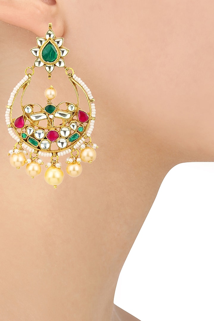 Gold Finish Kundan and Multicolor Stones Chandbali Earrings by Auraa Trends