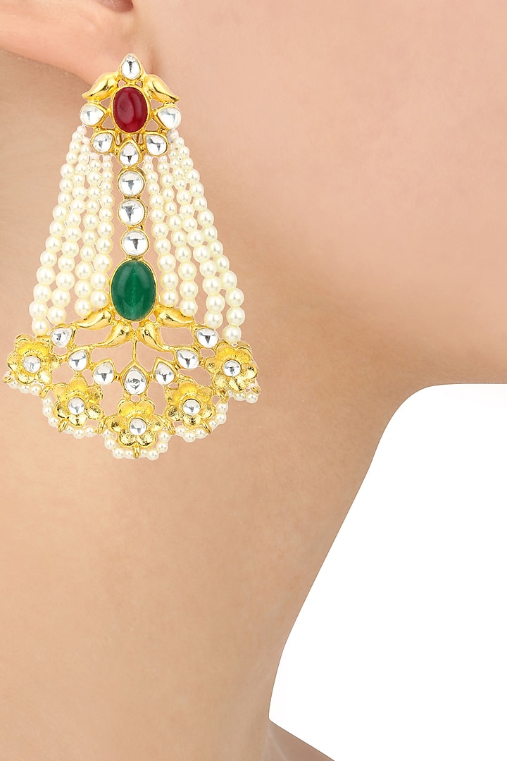Gold Finish Kundan and Pearl Studded Chandlier Earrings by Auraa Trends