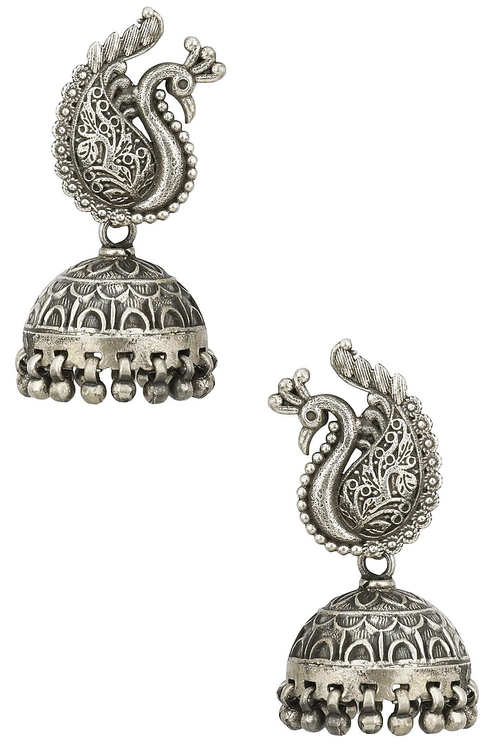 Auraa Trends presents Antique silver finish peacock textured jhumki earrings available only at Pernia's Pop Up Shop.