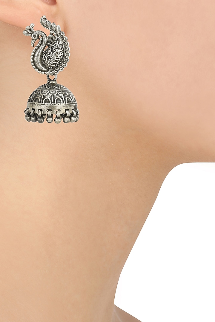 Antique Silver Finish Peacock Textured Jhumki Earrings by Auraa Trends