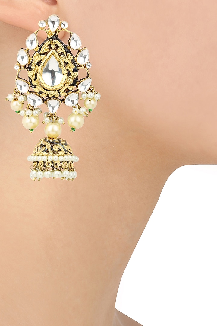 Gold Finish Kundan and Pearls Studded Jhumki Earrings by Auraa Trends