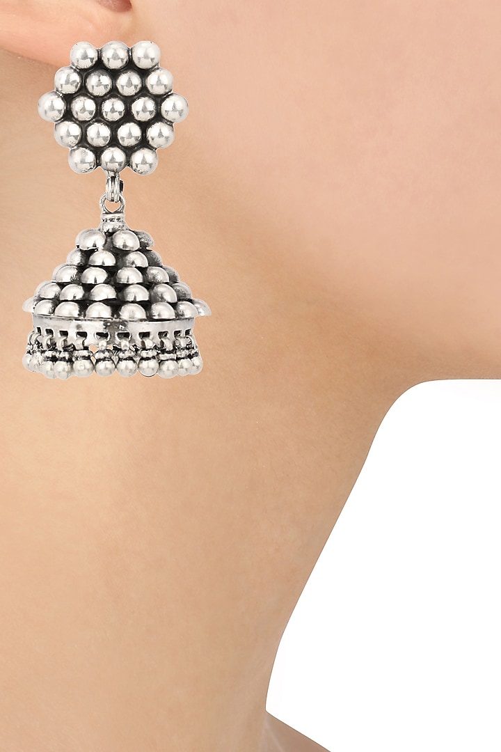 Antique Silver Finish Beads and Ghunghroo Studded Jhumki Earrings by Auraa Trends