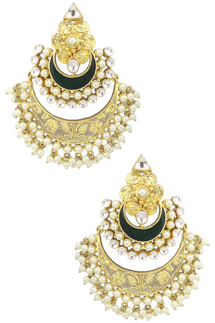 Gold plated kundan and green enamel chandbali earrings available only at Pernia's Pop Up Shop.