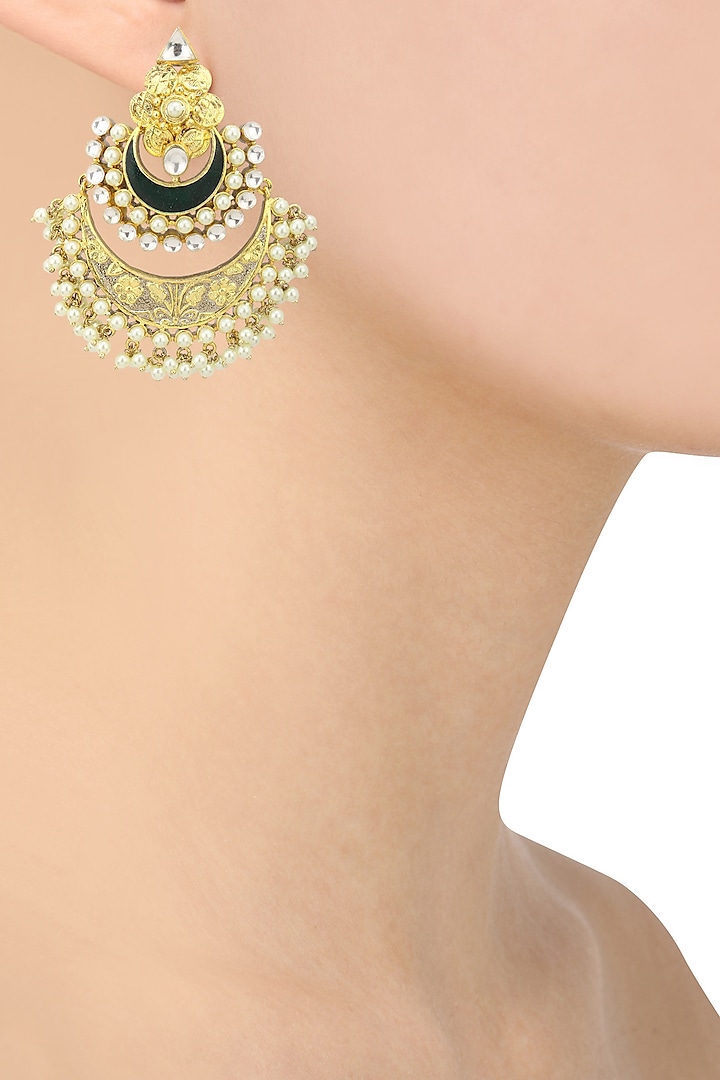 Gold Plated Kundan and Green Enamel Chandbali Earrings by Auraa Trends
