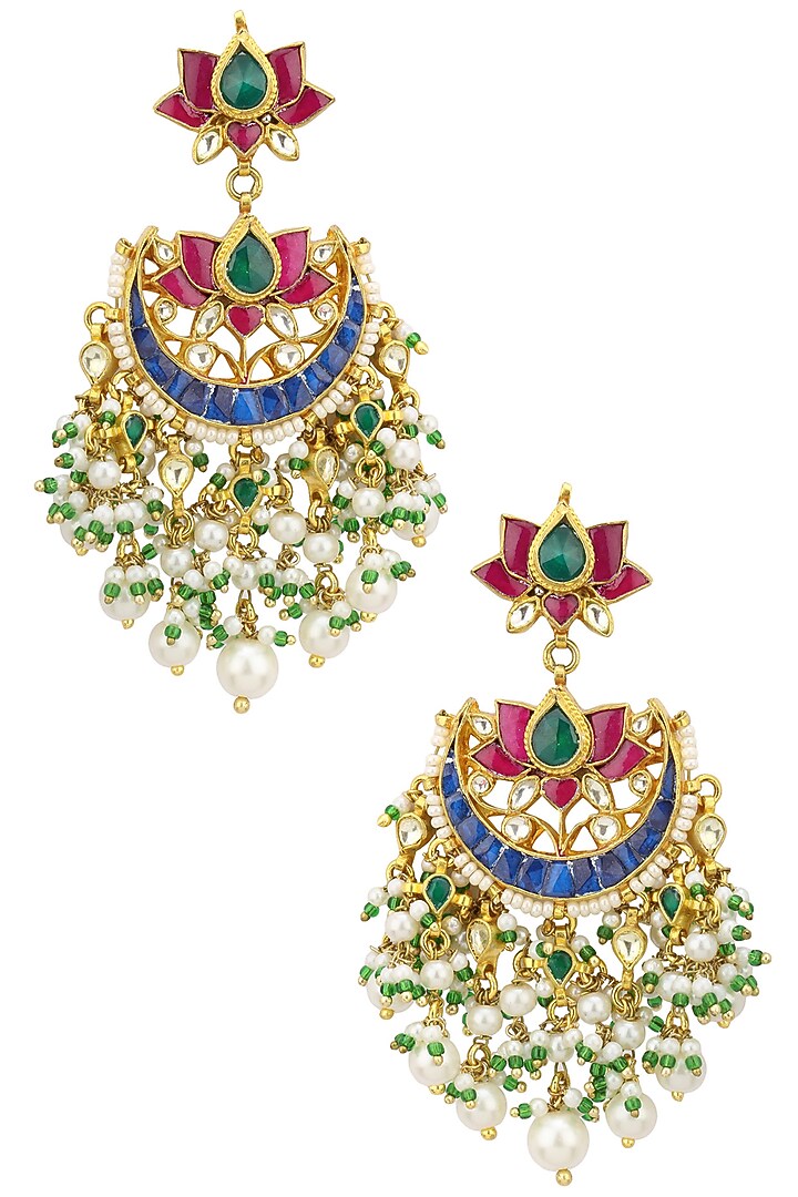 Gold plated kundan and multi stone crescent earrings available only at Pernia's Pop Up Shop.