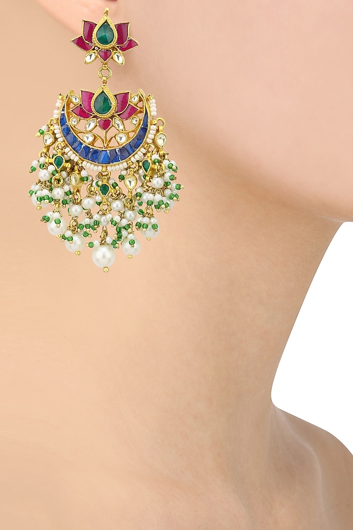Gold plated kundan and multi stone crescent earrings available only at Pernia's Pop Up Shop.