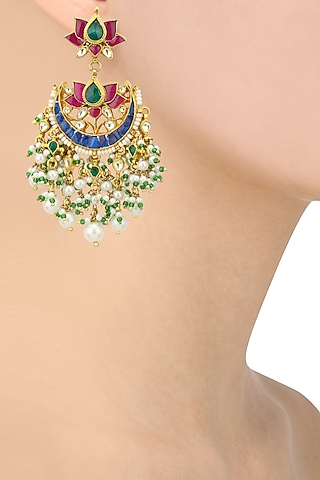 Gold Plated Kundan and Multi Stone Crescent Earrings by Aura Trends