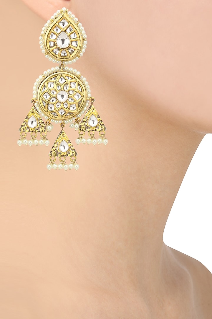 Gold Finish Kundan Studded Earrings by Auraa Trends