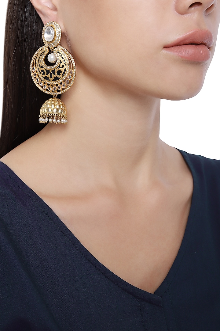 Gold Plated Kundan Pearls and Beads Earrings by Auraa Trends