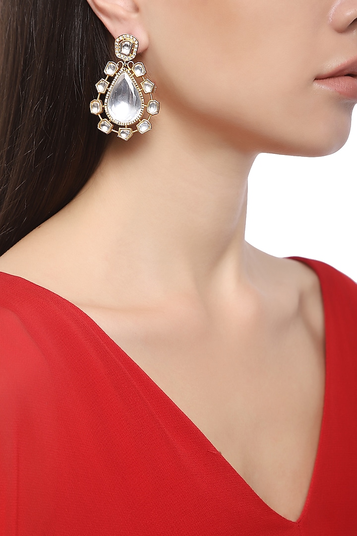 Gold Plated Kundan and Crystal Dangler Earrings by Auraa Trends