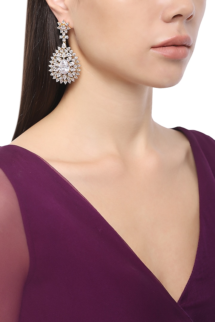 Rhodium Plated Flower Shaped American Diamond Earrings by Auraa Trends