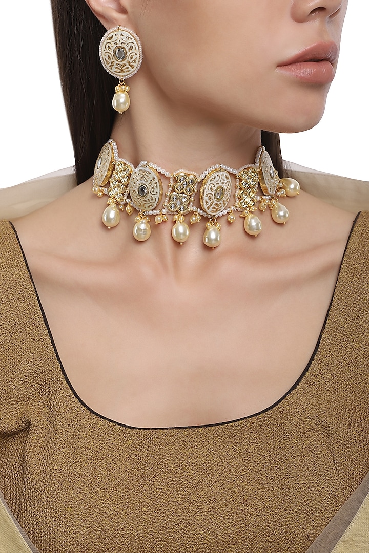 Gold Plated Kundan Pearl Drop Necklace Set by Auraa Trends